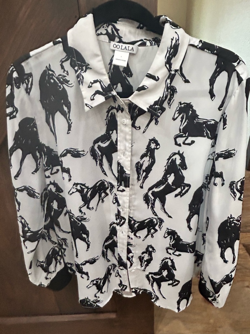 OO LALA Black and White Horse Print Button-Up Blouse
